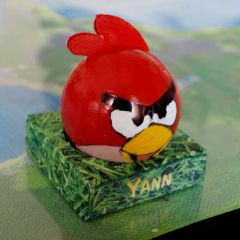 Boîte à bonbon et chevalet en forme d'oiseau d'Angry Birds sur un socle carton impression herbe portant le nom du convive d'un côté, de la personne à l'honneur de l'autre.